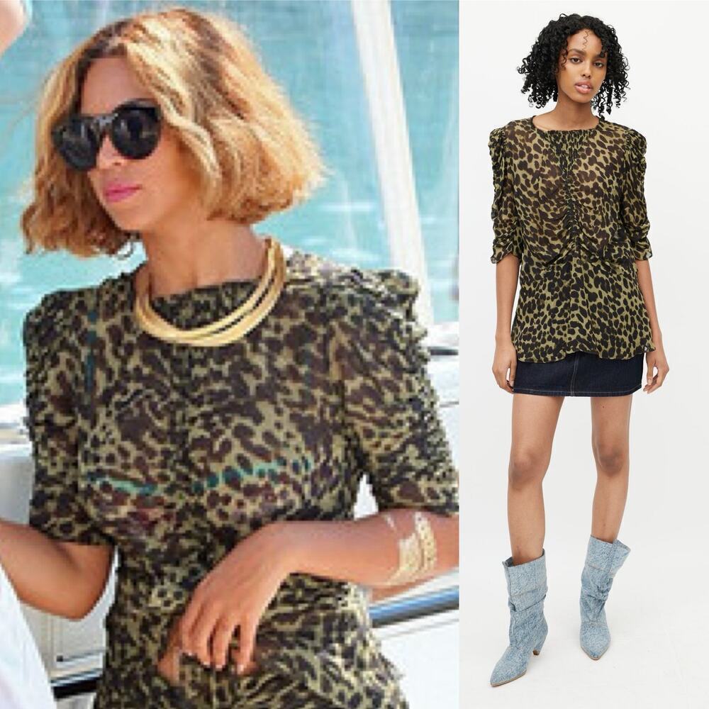 Isabel Marant Etoile Caja Leopard Print Blouse Green/Black Puff Sleeve Size US 8